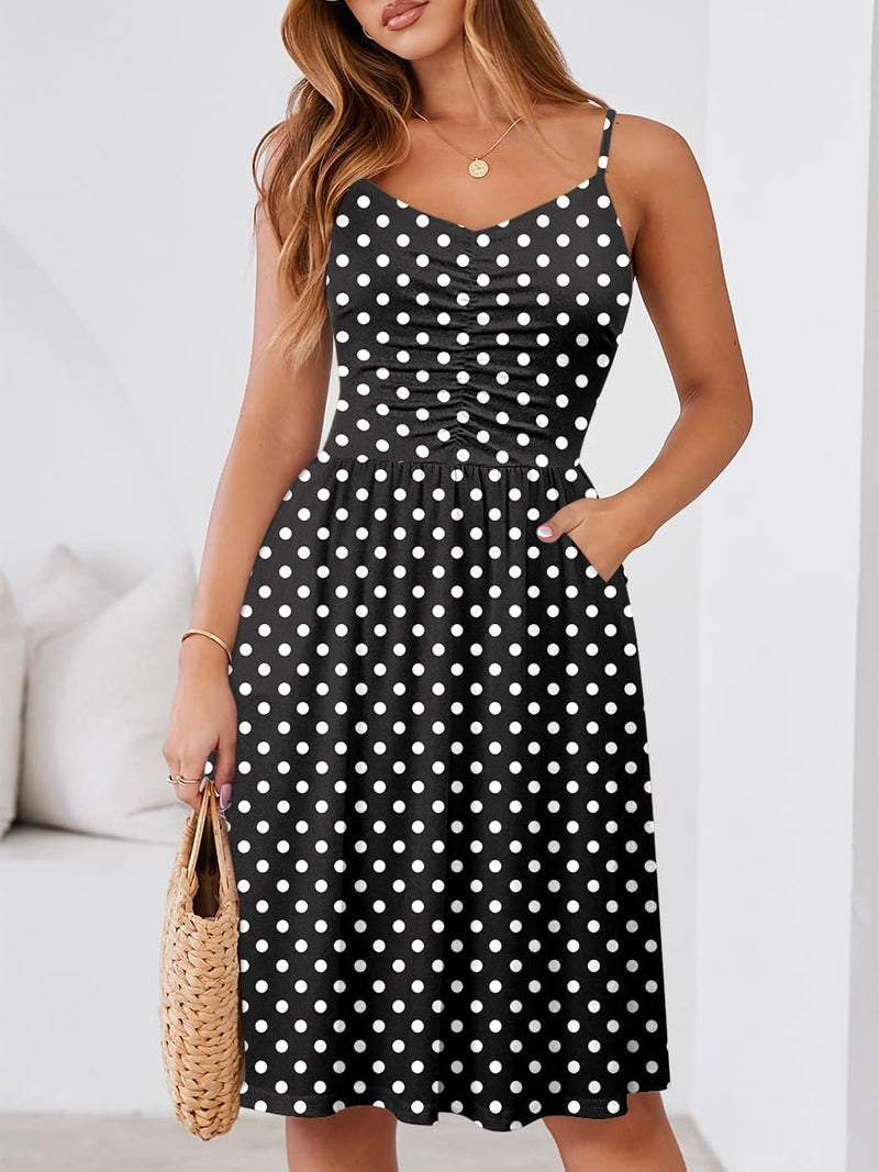 YATHON Casual Dresses for Women Sleeveless Cotton Summer Beach Dress A Line Spaghetti Strap Sundresses with Pockets (XL, YT090-Black Dot) - Image 4